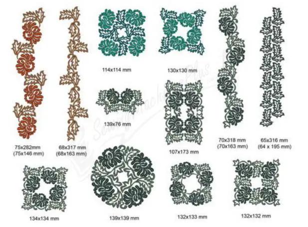 Momo-Dini Embroidery Designs Chrysanthemum set; assorted floral motifs and borders in brown, teal, and green, multiple sizes.