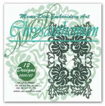 Momo-Dini Embroidery Designs Chrysanthemum kit; teal and black floral motif, 12 designs