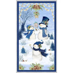 Let It Snow-Man! cotton quilt panel featuring three snowmen in blue winter clothing surrounded by snowy trees and festive greenery.