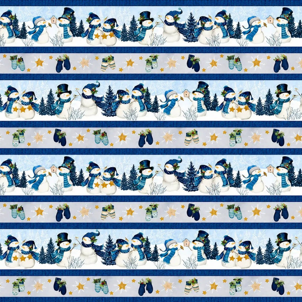 Let It Snow-Man repeating stripe multi quilting fabric with snowmen, mittens, stars and winter scenes by Wilmington Prints