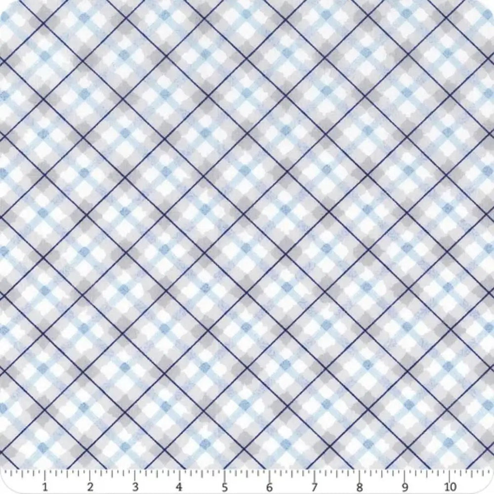 Let It Snow-Man! White Multi Plaid quilting cotton fabric with diagonal white, gray, light blue, and dark blue plaid.
