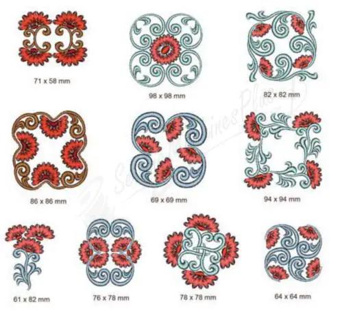 Momo-Dini Embroidery Designs Playful Cockscombs 2 set, 10 red-and-teal floral motifs