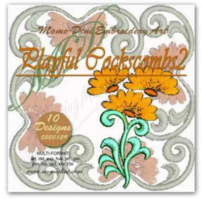 Embroidery designs: Momo-Dini Playful Cockscombs 2, 10 designs, orange flowers on swirled background