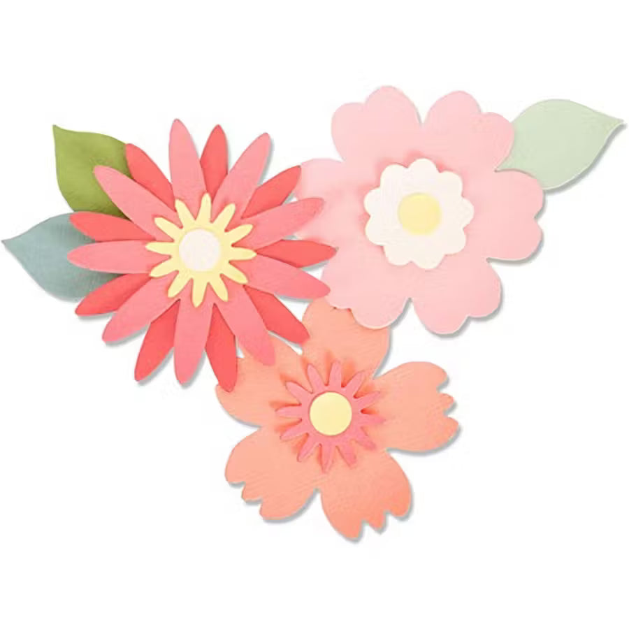 Sizzix Bigz Die Bold Blossoms by Laura Kate cutting dies; three pink coral paper blossoms