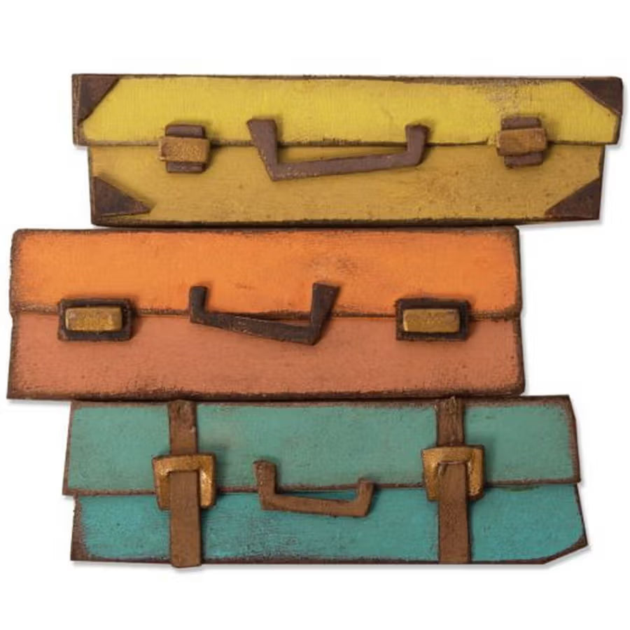 Sizzix Bigz Die Baggage Claim by Tim Holtz; three vintage suitcases in yellow, orange and teal.