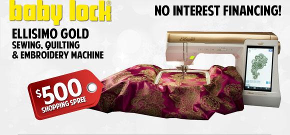 Baby Lock Ellisimo Gold sewing, quilting, and embroidery machine with a promotional tag on a white background.