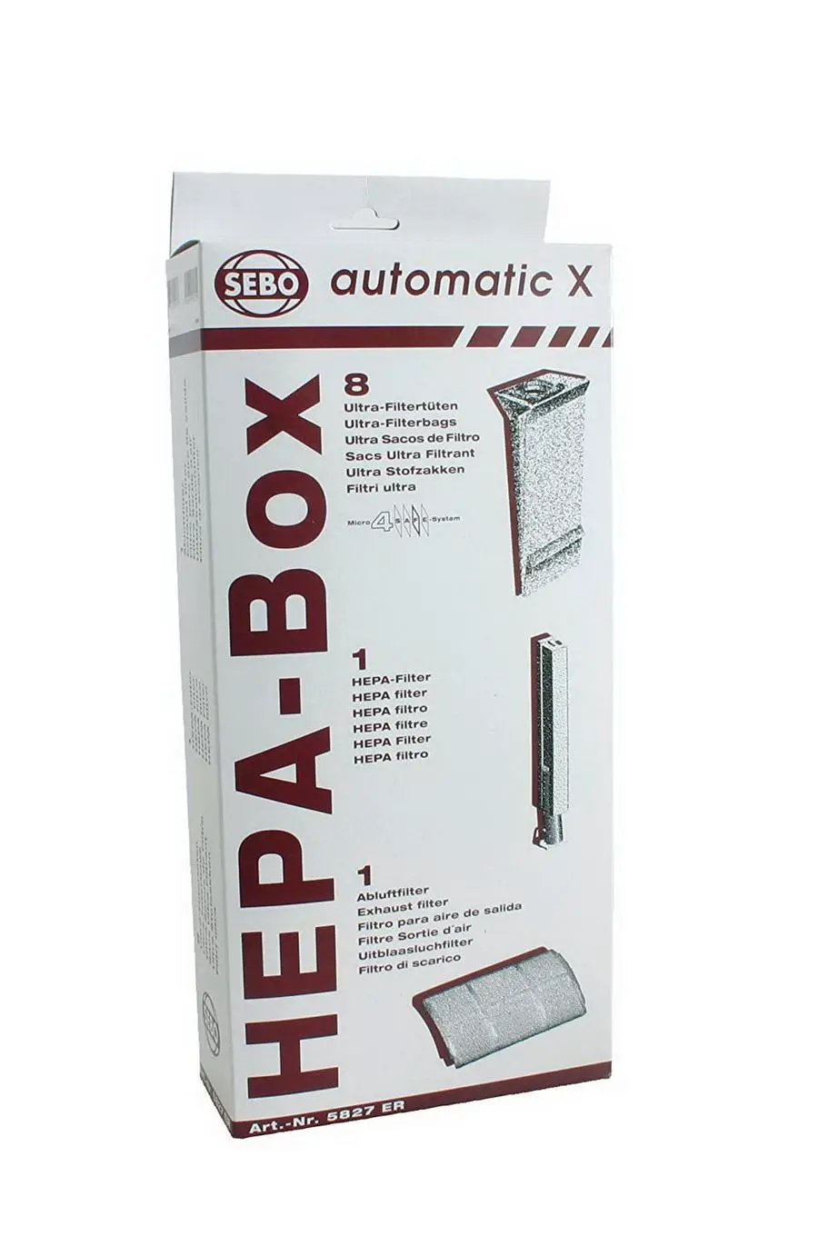 SEBO HEPA service box for automatic X series; white box with red SEBO logo and 8 ultra-filter bags.