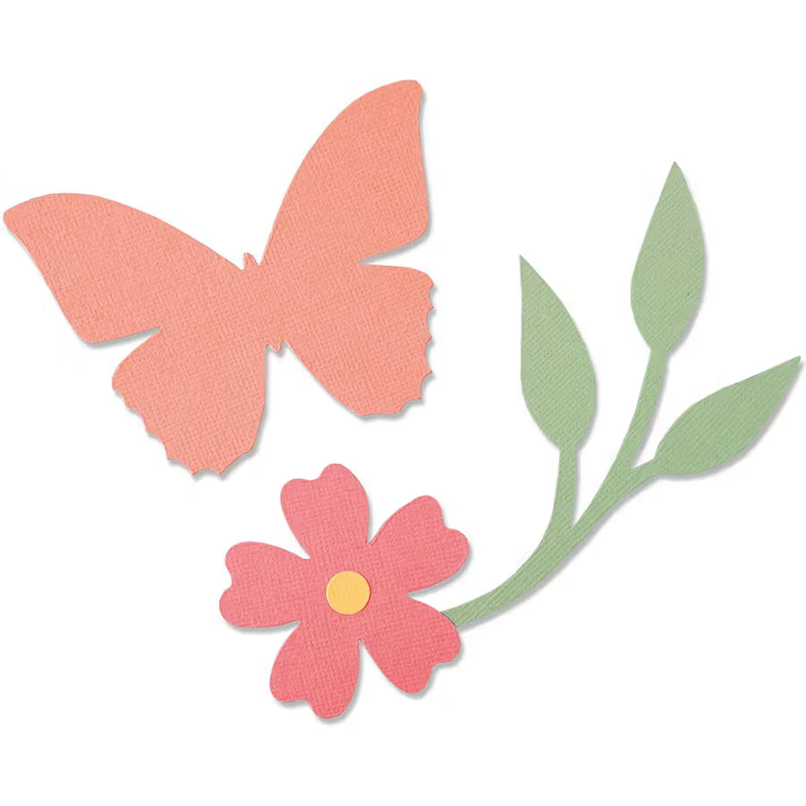 Sizzix Bigz Die Garden Wings by Olivia Rose; three cutting dies in peach butterfly, pink flower, and green leaves.