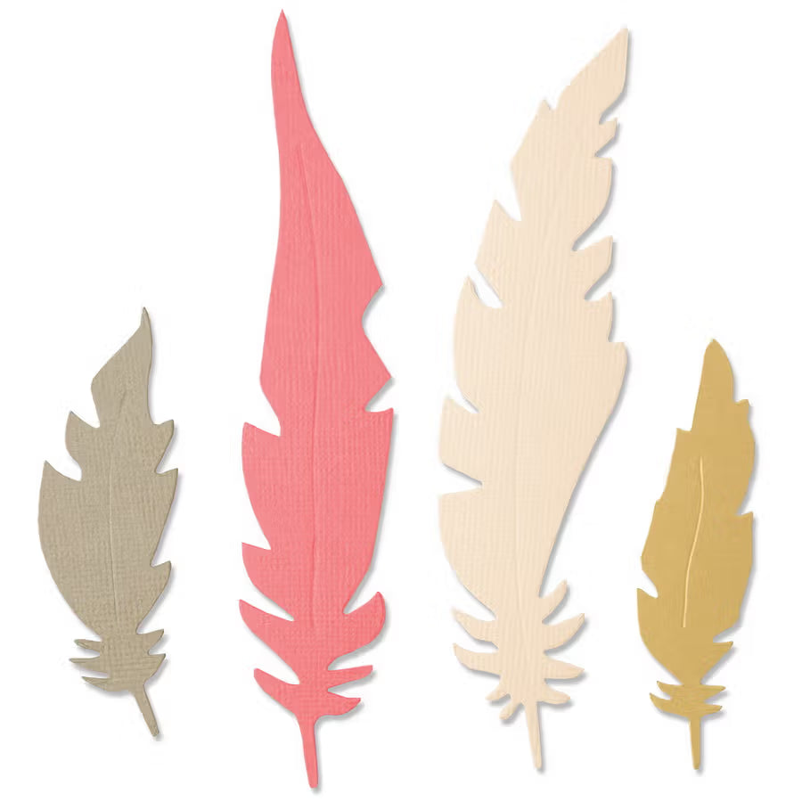 Sizzix Bigz Die Natural Feathers by Jenna Rushforth – set of 4 feather dies in beige, pink, cream, and mustard.