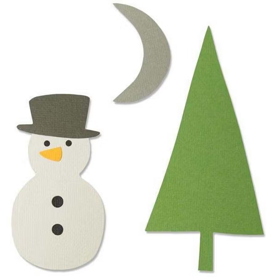Sizzix Bigz Die Snow Scene by Olivia Rose; three pieces: white snowman with gray hat, gray moon, green tree.