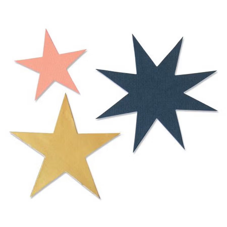 Sizzix Bigz Die Winter Stars by Olivia Rose cutting dies; three star shapes in blue, pink, and yellow