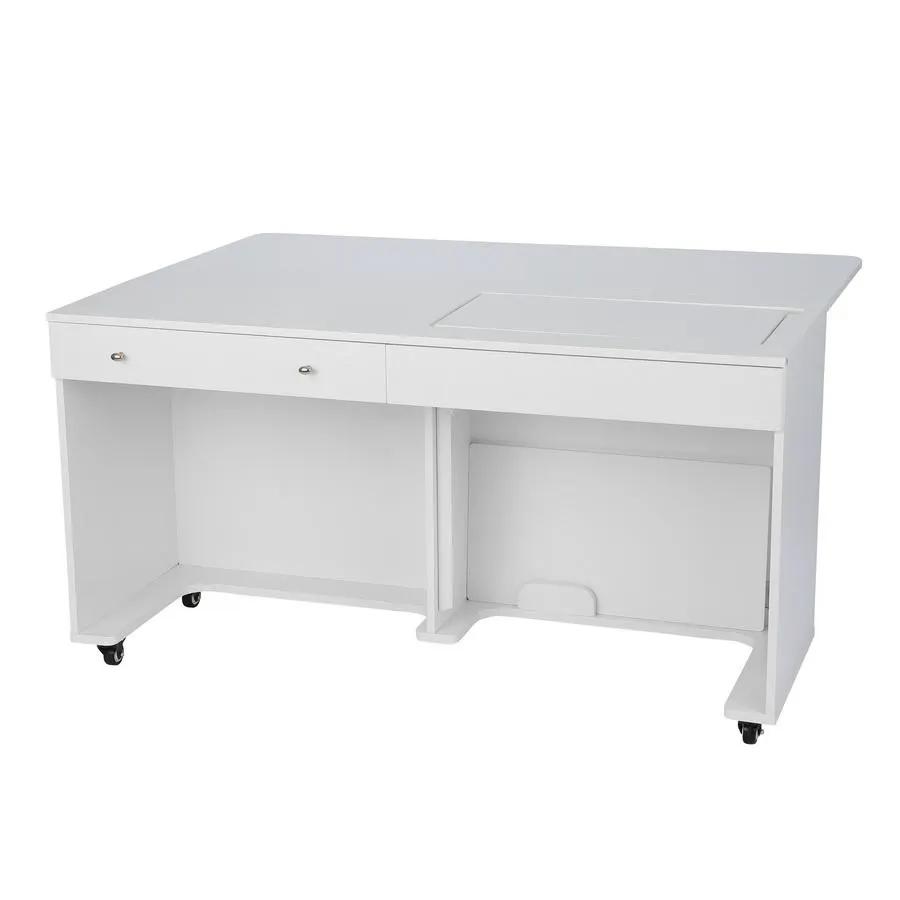 Kangaroo II White sewing cabinet on casters with two drawers and open storage.