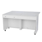 Kangaroo II White sewing cabinet on casters with two drawers and open storage.
