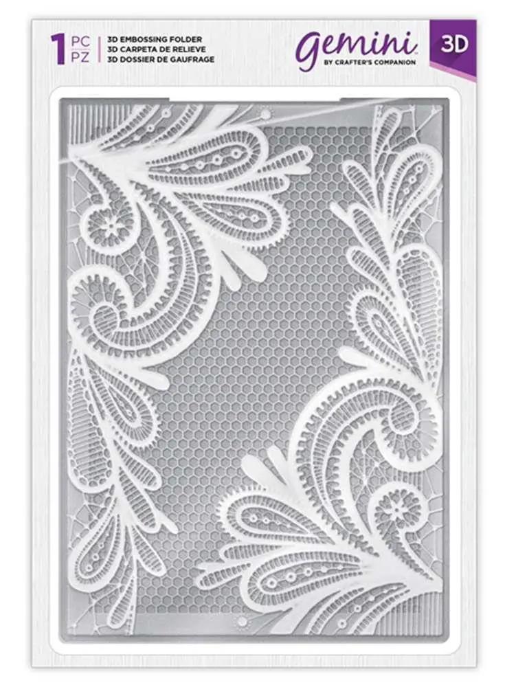 Gemini 3D embossing folder by Crafter's Companion; white floral lace design on grey panel