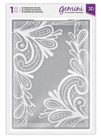 Gemini 3D embossing folder by Crafter's Companion; white floral lace design on grey panel