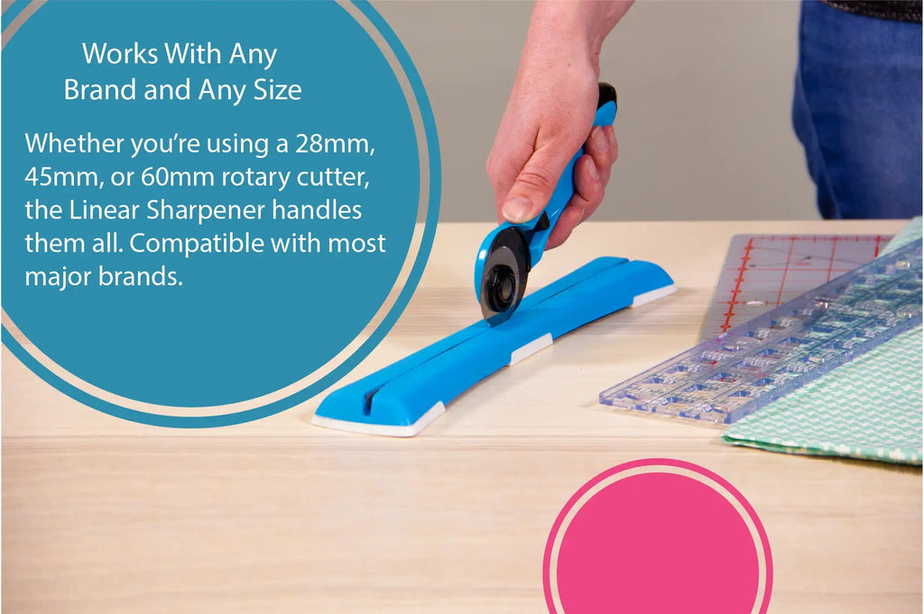 Grace TrueCut Sharpener for rotary cutters, blue handheld device with a base beside a ruler
