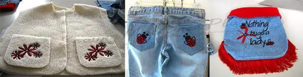 3-item embroidery set: Lady Bug Whims; cream cardigan with flower pockets, denim jeans with bug pockets, blue bib with red fringe.