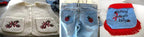3-item embroidery set: Lady Bug Whims; cream cardigan with flower pockets, denim jeans with bug pockets, blue bib with red fringe.