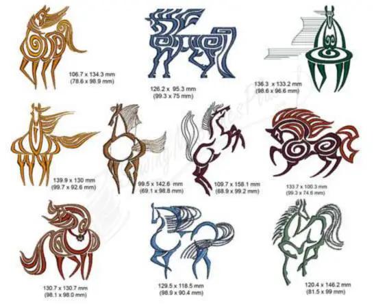 Momo-Dini Embroidery Designs Stallions: 12 colorful horse silhouettes in assorted hues