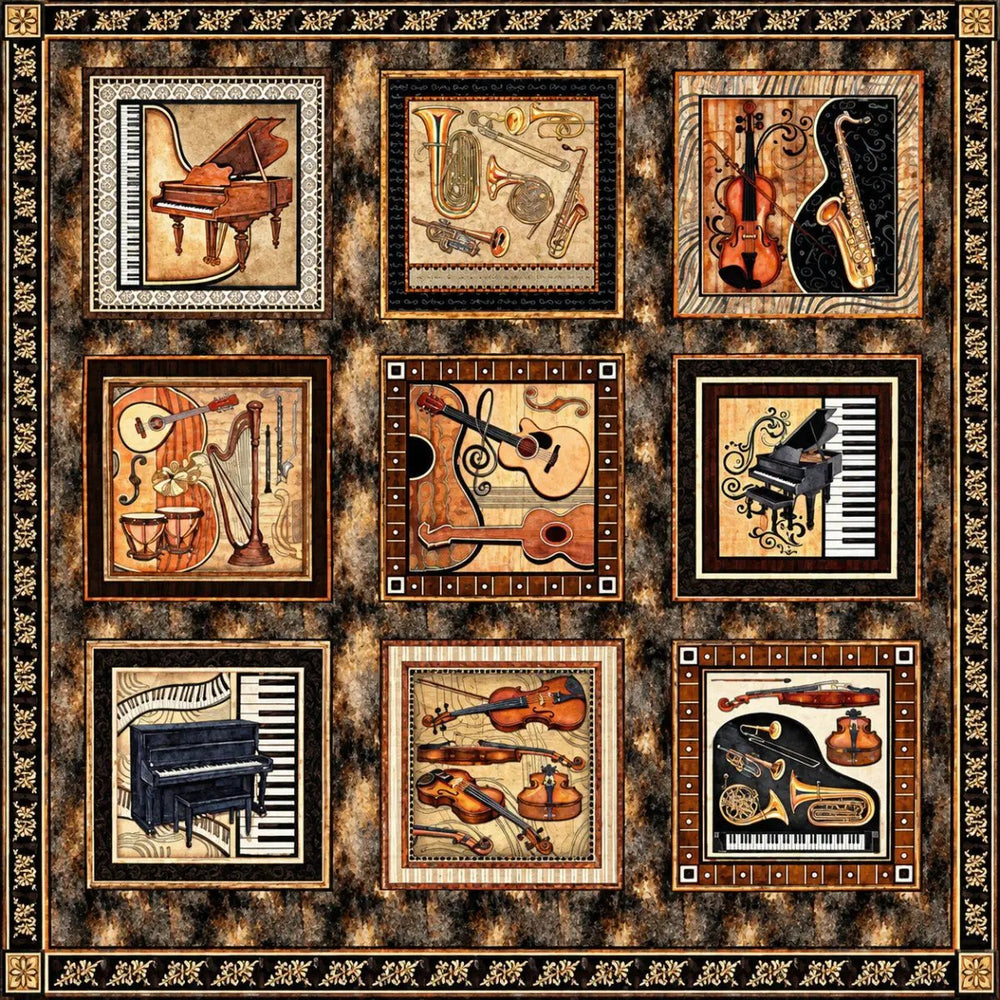 Vivace Brown Music Picture Patches cotton fabric panel with musical instruments by Morris Creative Group for QT Fabrics