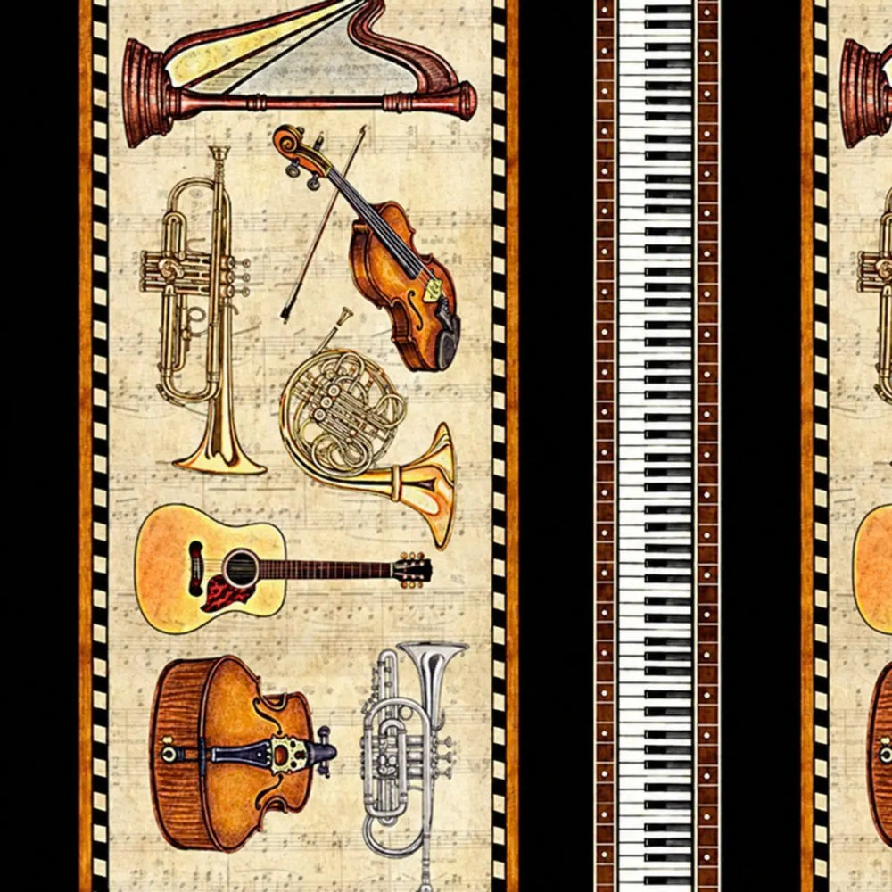 Vivace Tan Musical Border Stripe quilting fabric with classical musical instruments by Morris Creative Group for QT Fabrics
