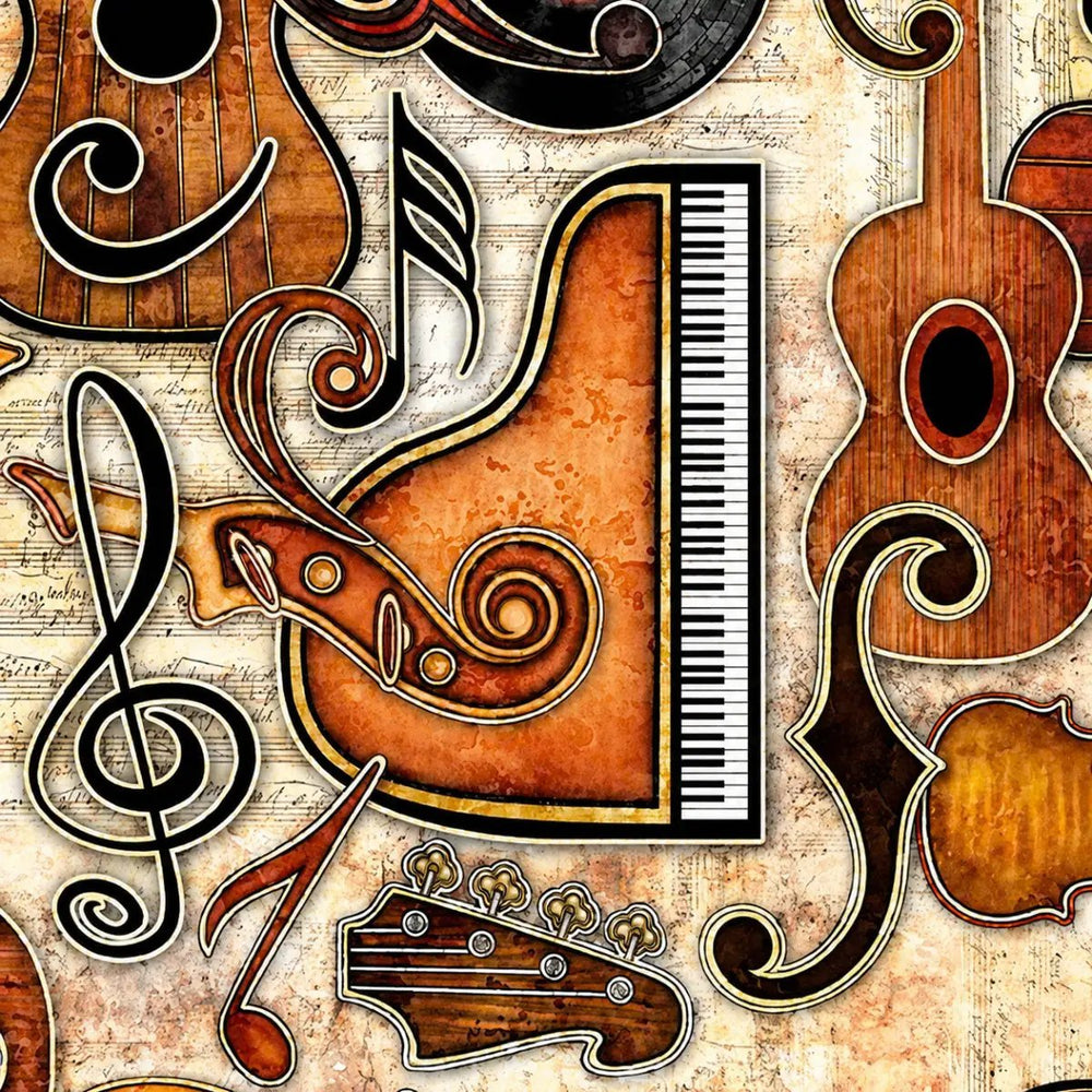Vivace Cream Musical Instruments Set quilting fabric with classical instrument motifs by Morris Creative Group for QT Fabrics