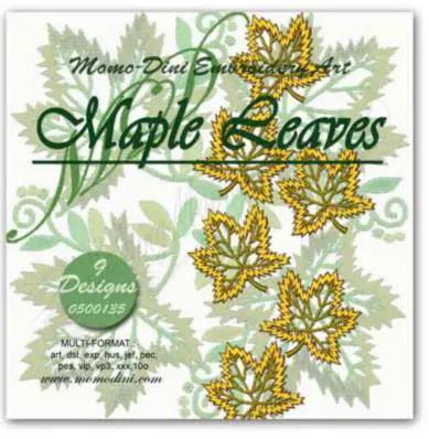 Momo-Dini Maple Leaves embroidery designs, 9 designs featuring yellow-gold maple leaves on a green background.