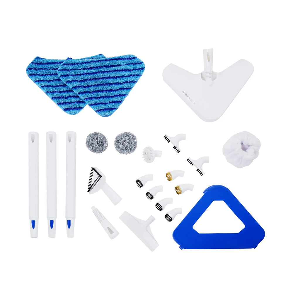 Reliable Steamboy Plus 2-in-1 steam cleaner and mop kit with blue microfiber pads and white mop head