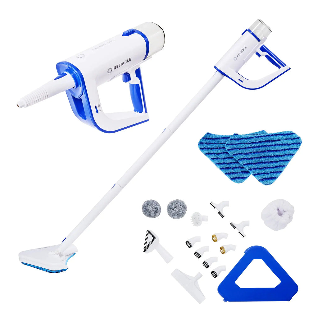 Steamboy Plus 2-in-1 Steam Cleaner and Mop by Reliable; white with blue accents, includes mop head and attachments.