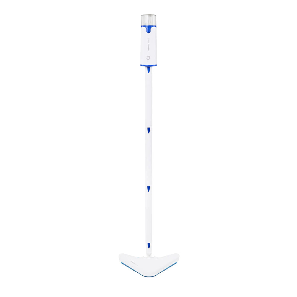 Steamboy Plus 2-in-1 steam cleaner and mop by Reliable; white body with blue accents and detachable mop head.