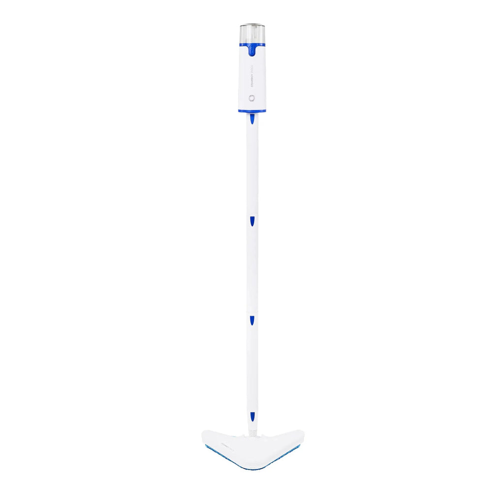 Steamboy Plus 2-in-1 steam cleaner and mop by Reliable; white body with blue accents and detachable mop head.