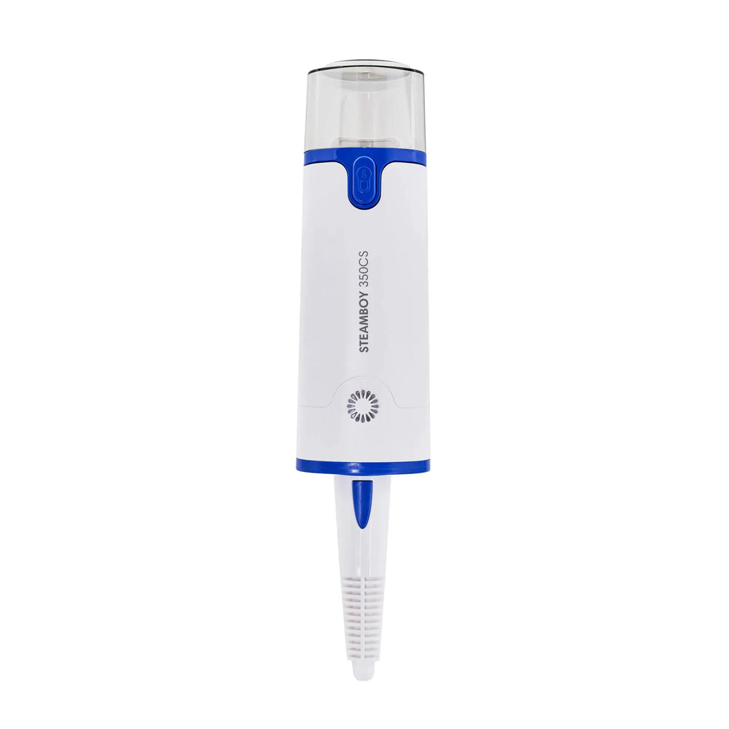 Steamboy Plus 2-in-1 steam cleaner and mop by Reliable, white with blue accents and clear water tank.