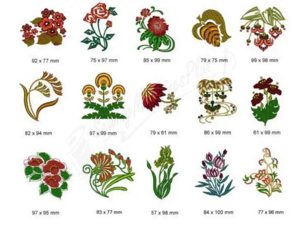 Momo-Dini Flowerets 3 embroidery designs set featuring 16 colorful floral motifs