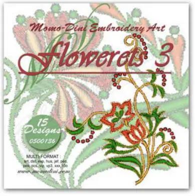 Embroidery designs Momo-Dini Flowerets 3 cover featuring colorful floral embroidery motif; 15 designs included