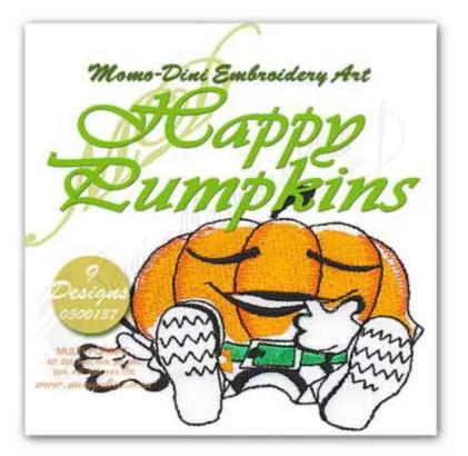 Momo-Dini Happy Pumpkins embroidery design, orange pumpkin character with a green belt and white gloves