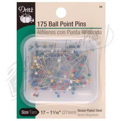 Dritz 175 Ball Point Pins, nickel-plated steel with colored ball heads, in blister pack.