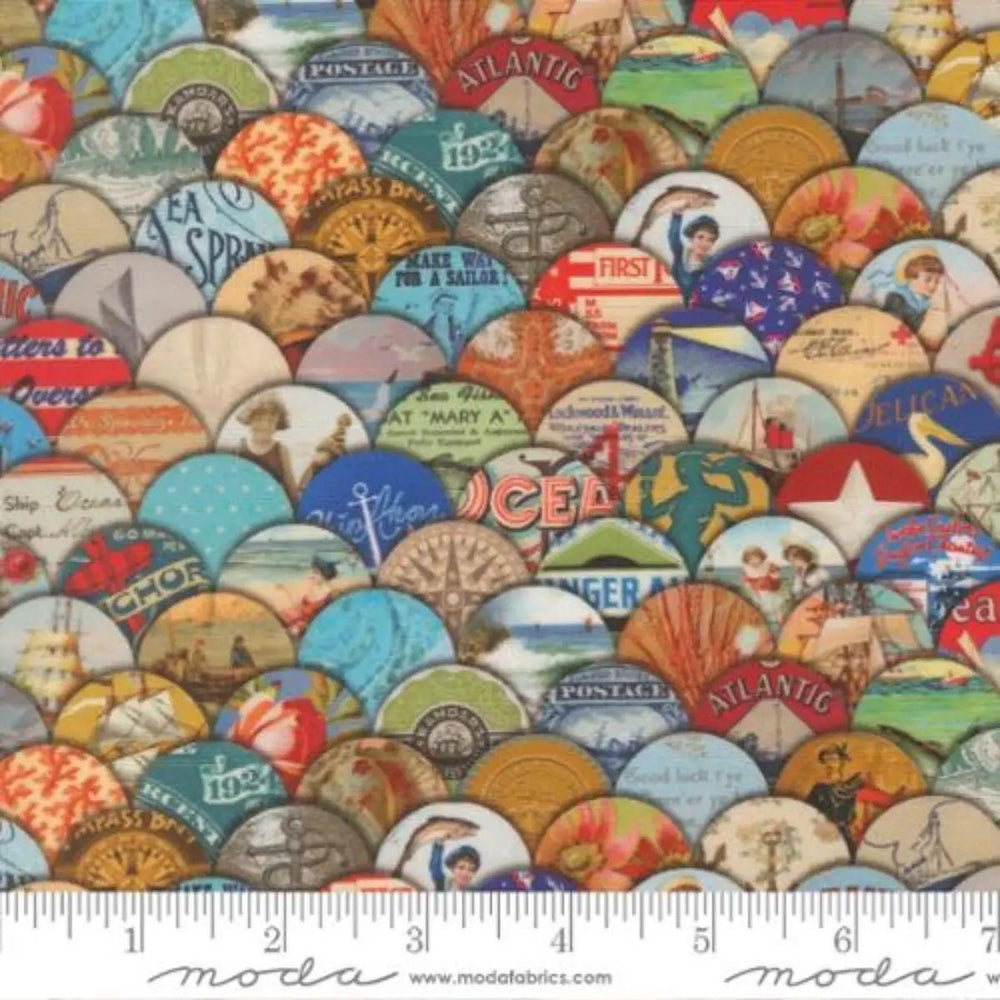 Saltwater Hidden Treasure Nautical quilting cotton fabric with vintage maritime collage motifs by Cathe Holden for Moda Fabrics.
