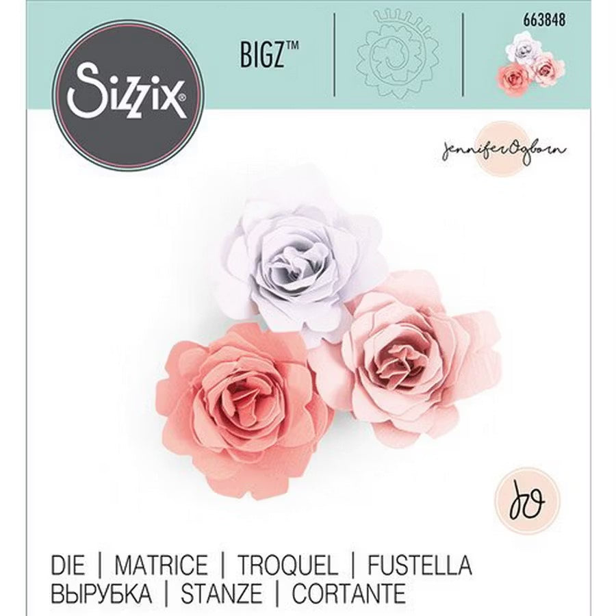 Sizzix Bigz Die Grace by Jennifer Ogborn cutting dies; three pink and white rose shapes on packaging.