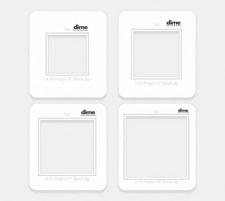 DIME Monster Block Maker hooping aids; four APJ Project block jigs (5–8 in) with DIME branding