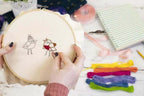Threaders Embroidery Transfer Sheets - Autumn in use with a wooden hoop and colorful threads