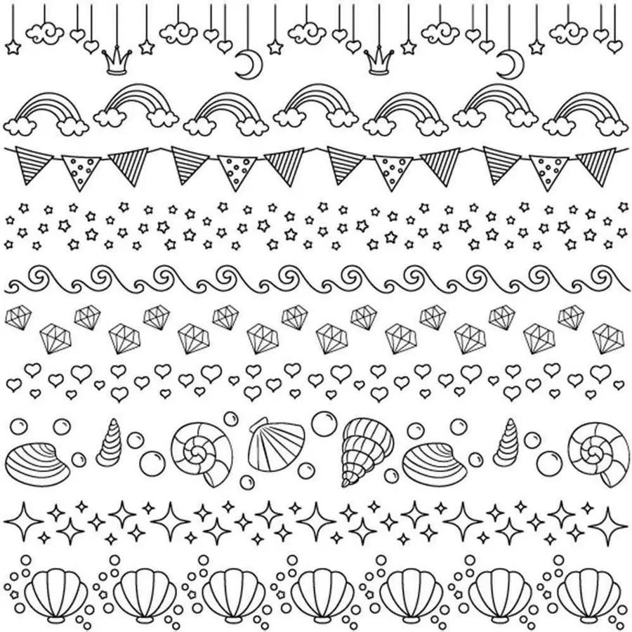 Threaders embroidery transfer sheets - Fantasy; monochrome line-art motifs of hearts, stars, rainbows, bunting and more.