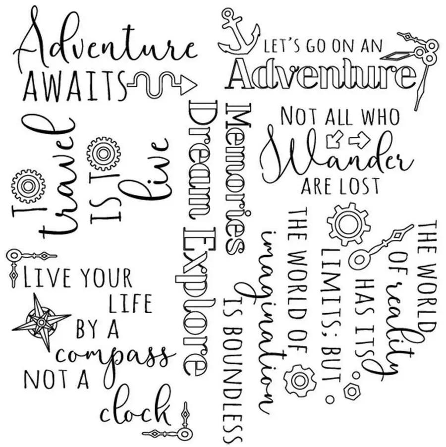 Threaders Embroidery Transfer Sheets Traveller: white sheet with black travel and adventure quotes and icons