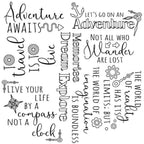 Threaders Embroidery Transfer Sheets Traveller: white sheet with black travel and adventure quotes and icons