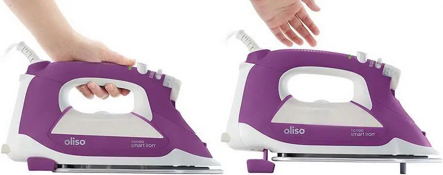 Oliso Ultra-Precision Steam Iron TG1100-P purple, shown from two angles.