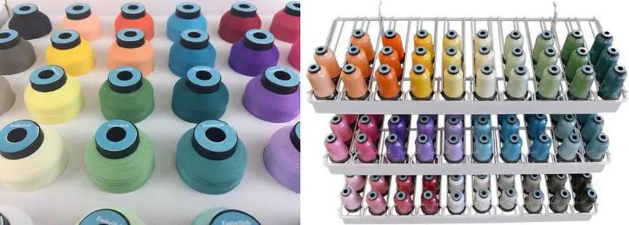 Floriani Embellish Matte Thread Set; dozens of embroidery thread spools in bright colors on display racks