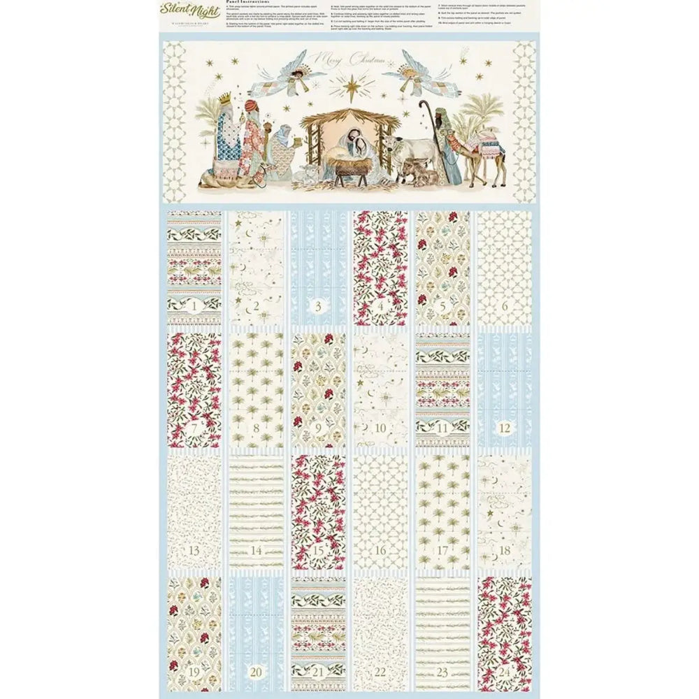 Silent Night Lamb Advent Calendar fabric panel with watercolor Nativity scenes by Watercolour Heart for Moda Fabrics