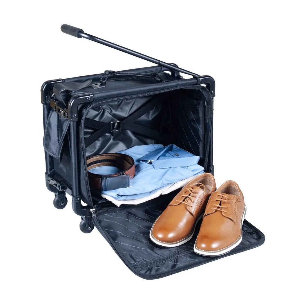 Tutto Small Machine Bag Black with open interior showing clothing and brown dress shoes.