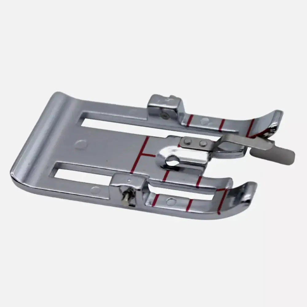 Husqvarna Viking presser foot: Changeable 1/4 inch guide foot, silver metal with red alignment lines