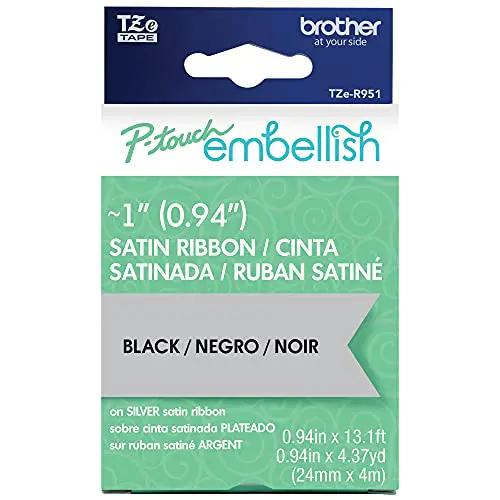 Brother P-Touch Embellish satin ribbon label tape, black on silver, 0.94in x 13.1ft, TZE-R951