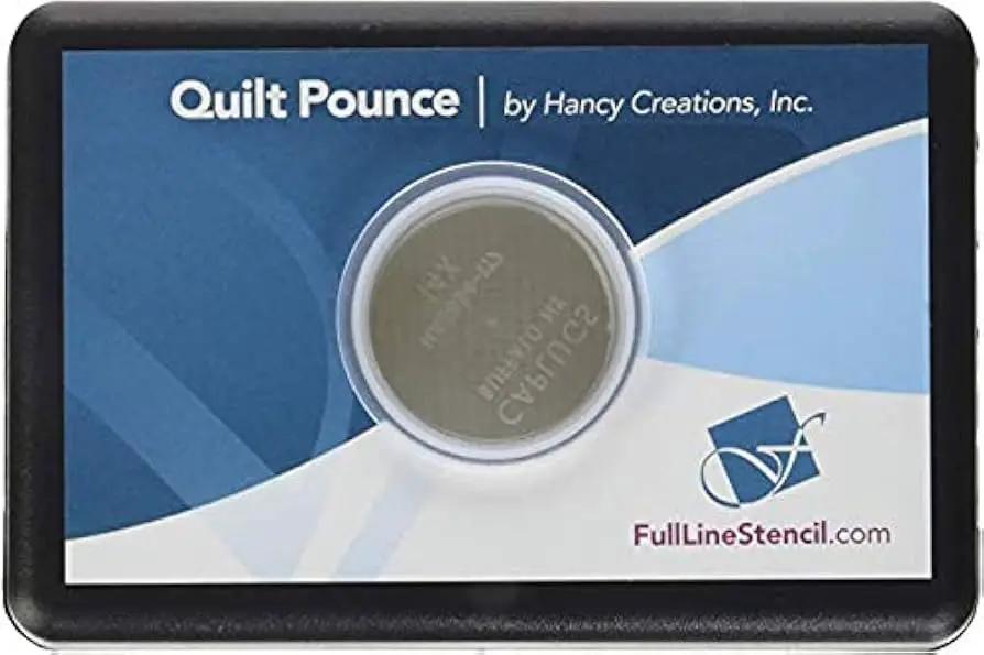 Pounce Chalk Applicator with round chalk puck in a metal tin on blue packaging